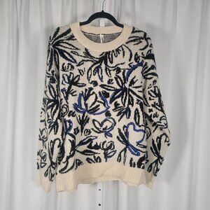 Anthropologie Floral Pop Embroidered Sweater Wool Blend Blue Pullover Sz XL NEW